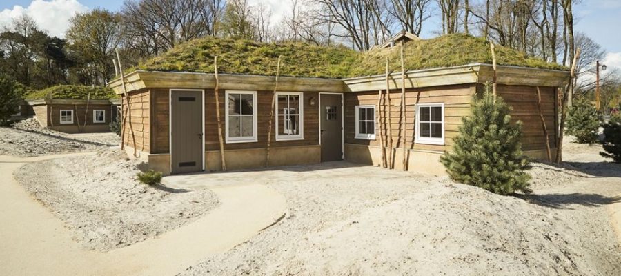 Halfverhard pad met Nobre Cál rondom een recreatiewoning op een camping